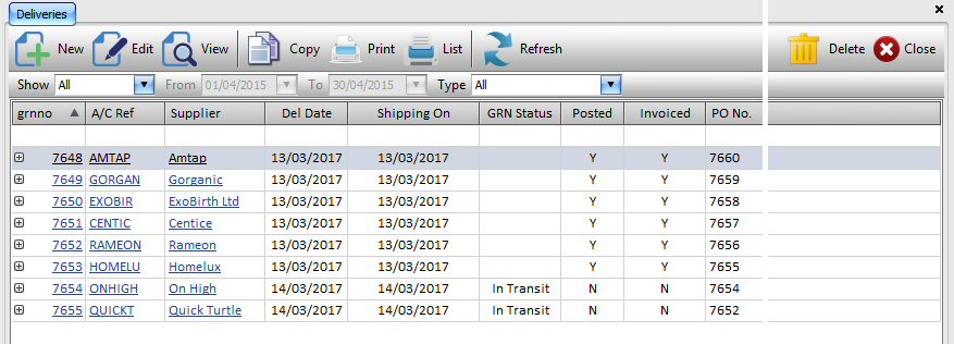 Goods Received Notes List