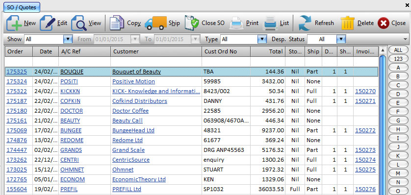 Sales Order Browse Screen