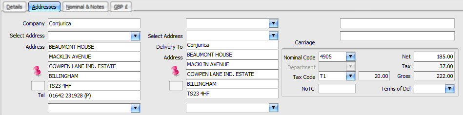 Sales Invoice: Addresses Tab